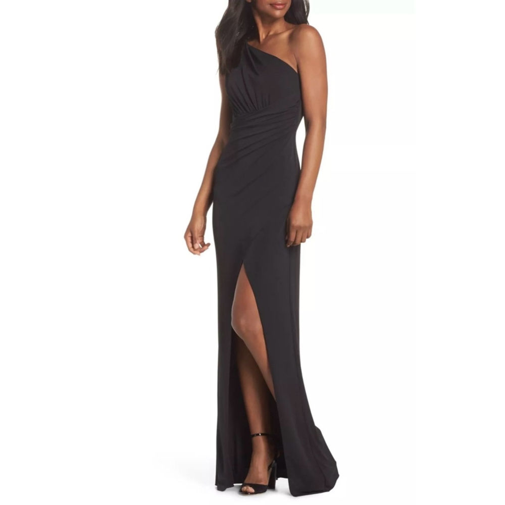 $346 Maria Bianca Nero Black Kerri One-Shoulder Gown black size 8 - Picture 2 of 8